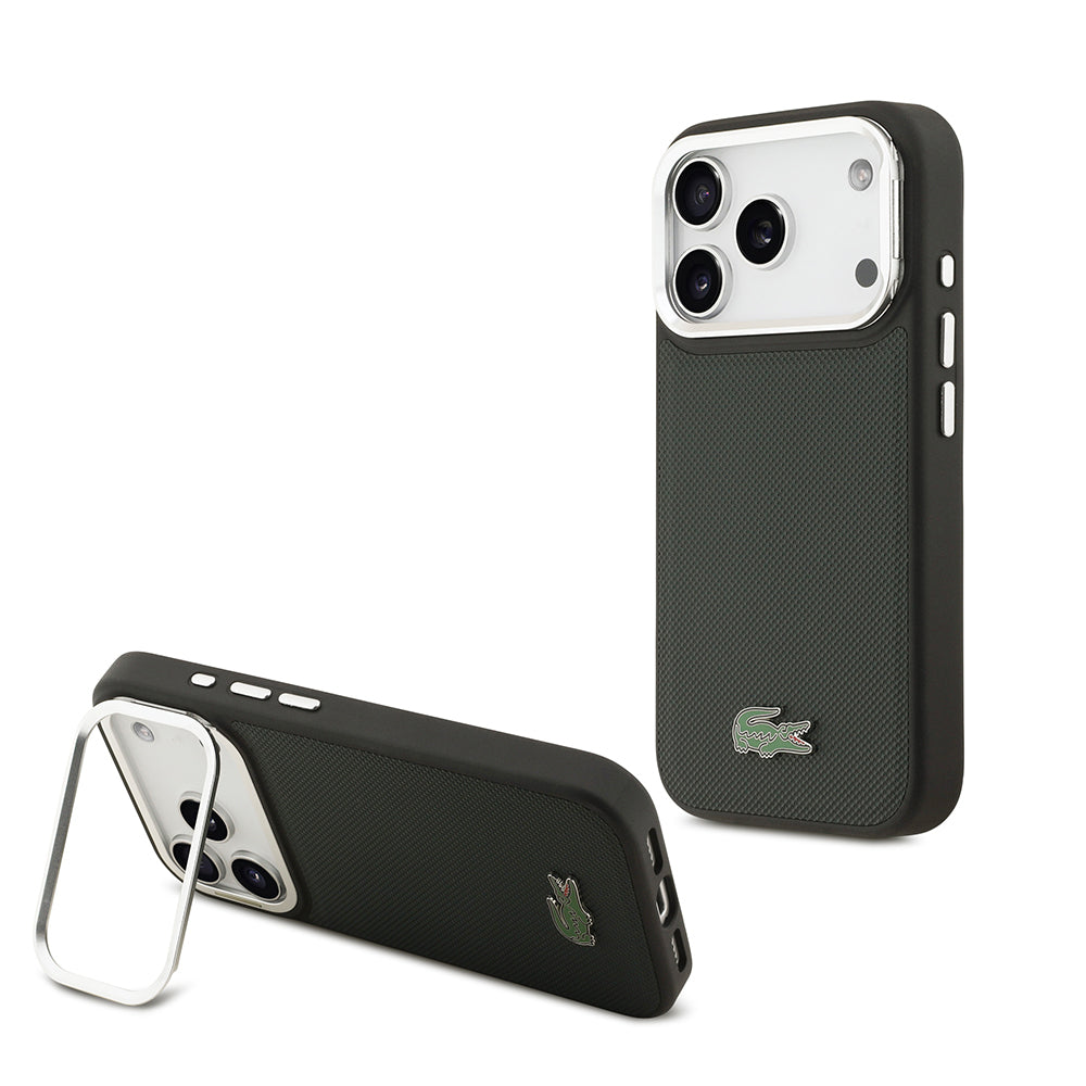 iPhone 17 Pro Kılıf Lacoste Orijinal Lisanslı M-safe Şarj Özellikli PU Pike Desenli Standlı Metal Logolu Kılıf