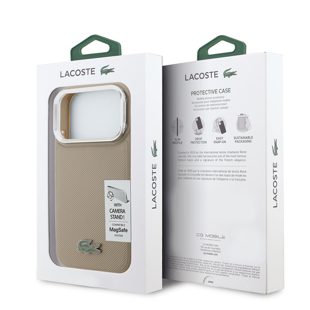 iPhone 17 Pro Kılıf Lacoste Orijinal Lisanslı M-safe Şarj Özellikli PU Pike Desenli Standlı Metal Logolu Kılıf