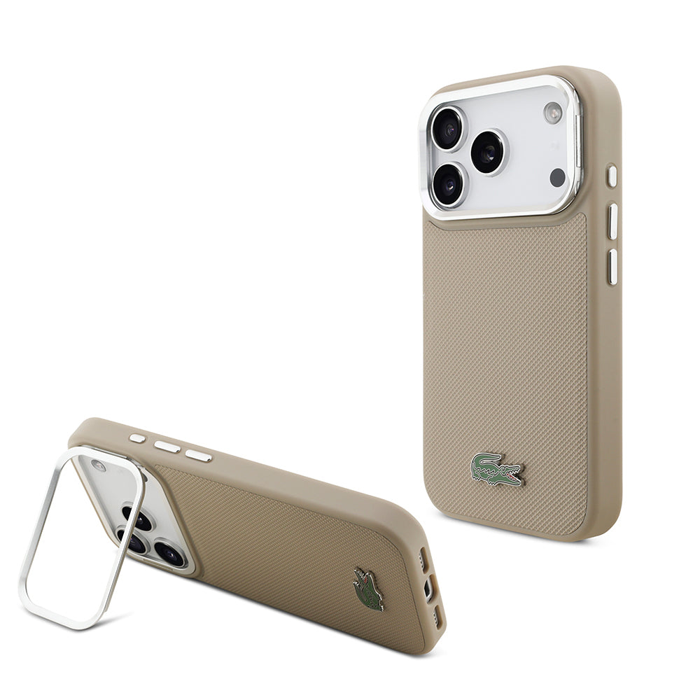 iPhone 17 Pro Kılıf Lacoste Orijinal Lisanslı M-safe Şarj Özellikli PU Pike Desenli Standlı Metal Logolu Kılıf