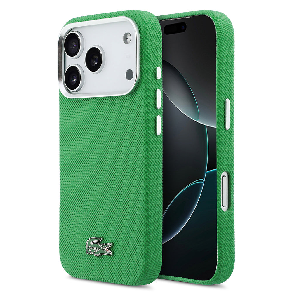 iPhone 17 Pro Kılıf Lacoste Orijinal Lisanslı M-Safe Şarj Özellikli PVC Pike Desenli Arka Yüzey İkonik Timsah Dokuma Logolu Kılıf