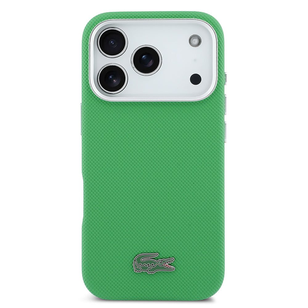iPhone 17 Pro Kılıf Lacoste Orijinal Lisanslı M-Safe Şarj Özellikli PVC Pike Desenli Arka Yüzey İkonik Timsah Dokuma Logolu Kılıf