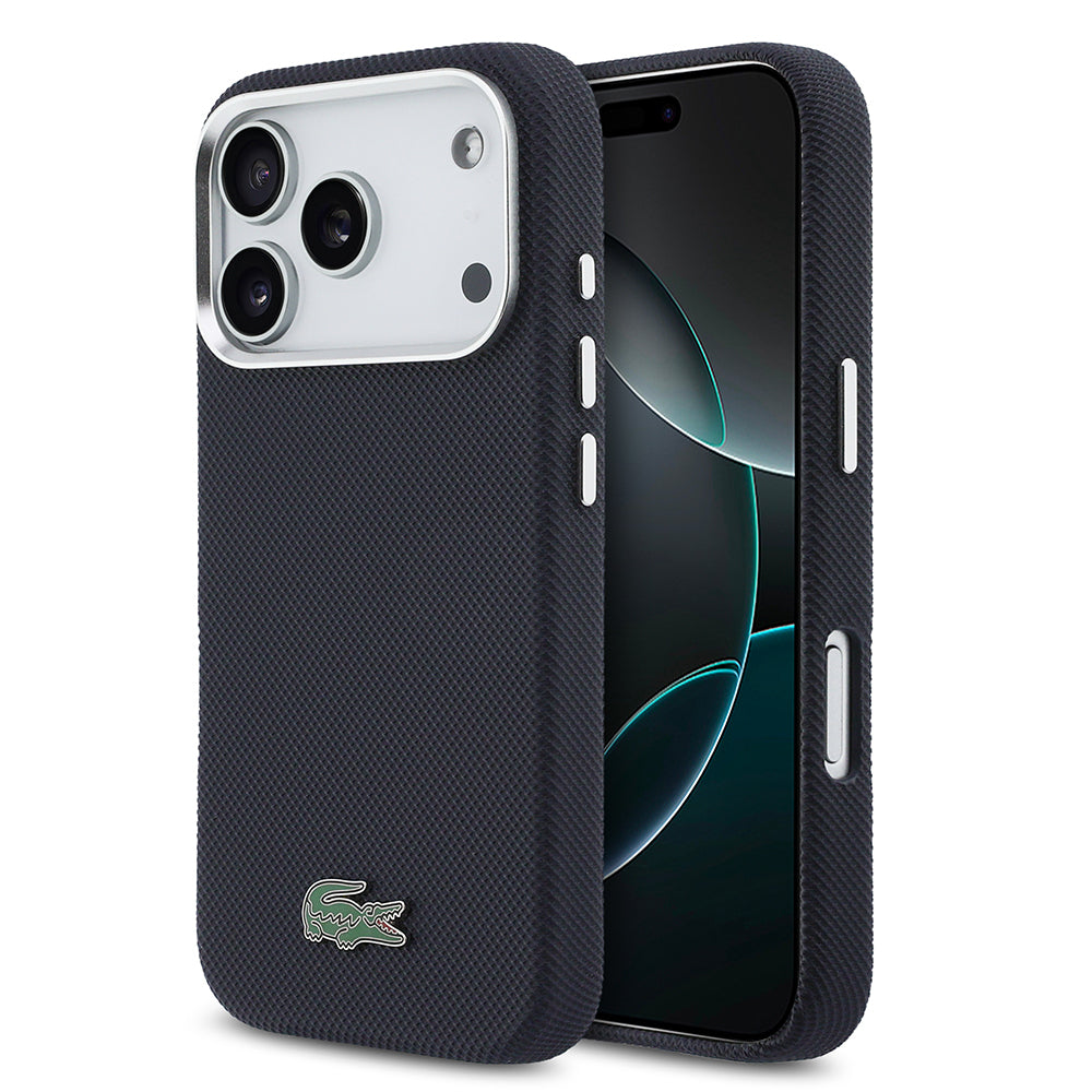 iPhone 17 Pro Kılıf Lacoste Orijinal Lisanslı M-Safe Şarj Özellikli PVC Pike Desenli Arka Yüzey İkonik Timsah Dokuma Logolu Kılıf