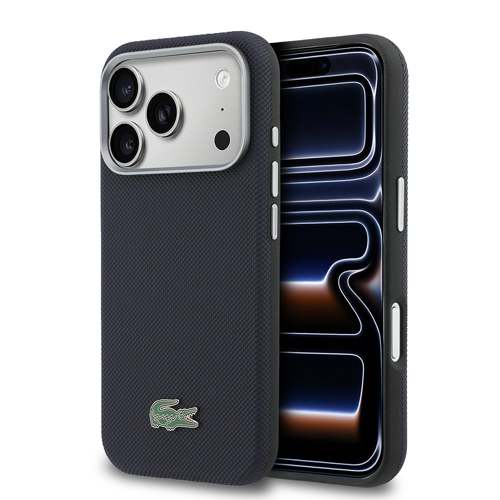 iPhone 17 Pro Kılıf Lacoste Orijinal Lisanslı M-Safe Şarj Özellikli PVC Yarı Pike Desenli Arka Yüzey İkonik Timsah Dokuma Logolu Kılıf