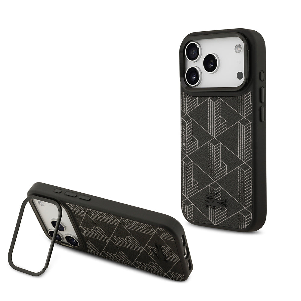 iPhone 17 Pro Kılıf Lacoste Orijinal Lisanslı M-safe Şarj Özellikli Standlı PU Deri Karışık Monogram Desenli Kılıf