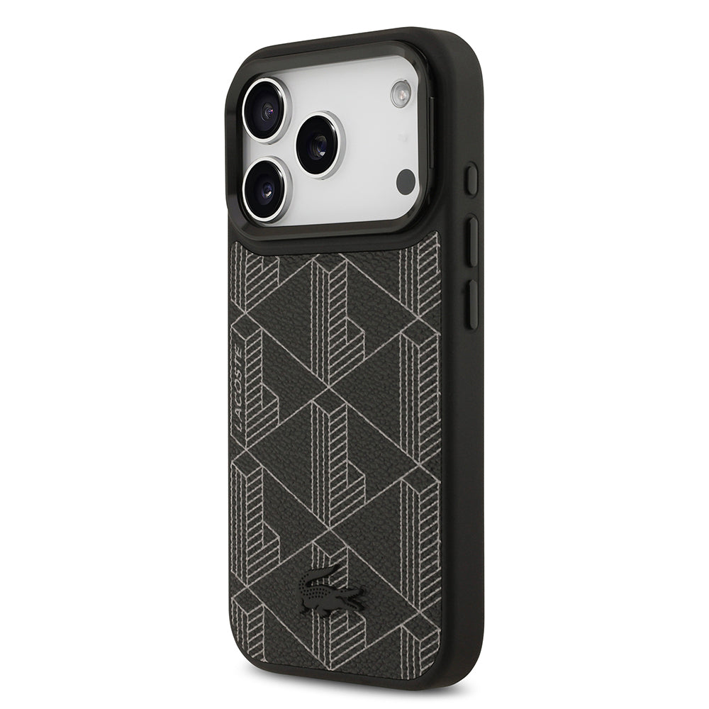 iPhone 17 Pro Kılıf Lacoste Orijinal Lisanslı M-safe Şarj Özellikli Standlı PU Deri Karışık Monogram Desenli Kılıf