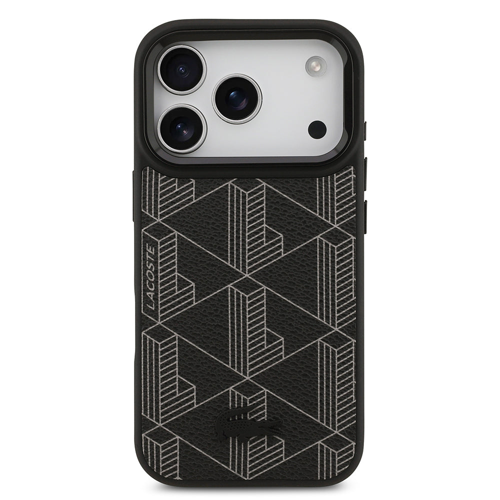 iPhone 17 Pro Kılıf Lacoste Orijinal Lisanslı M-safe Şarj Özellikli Standlı PU Deri Karışık Monogram Desenli Kılıf