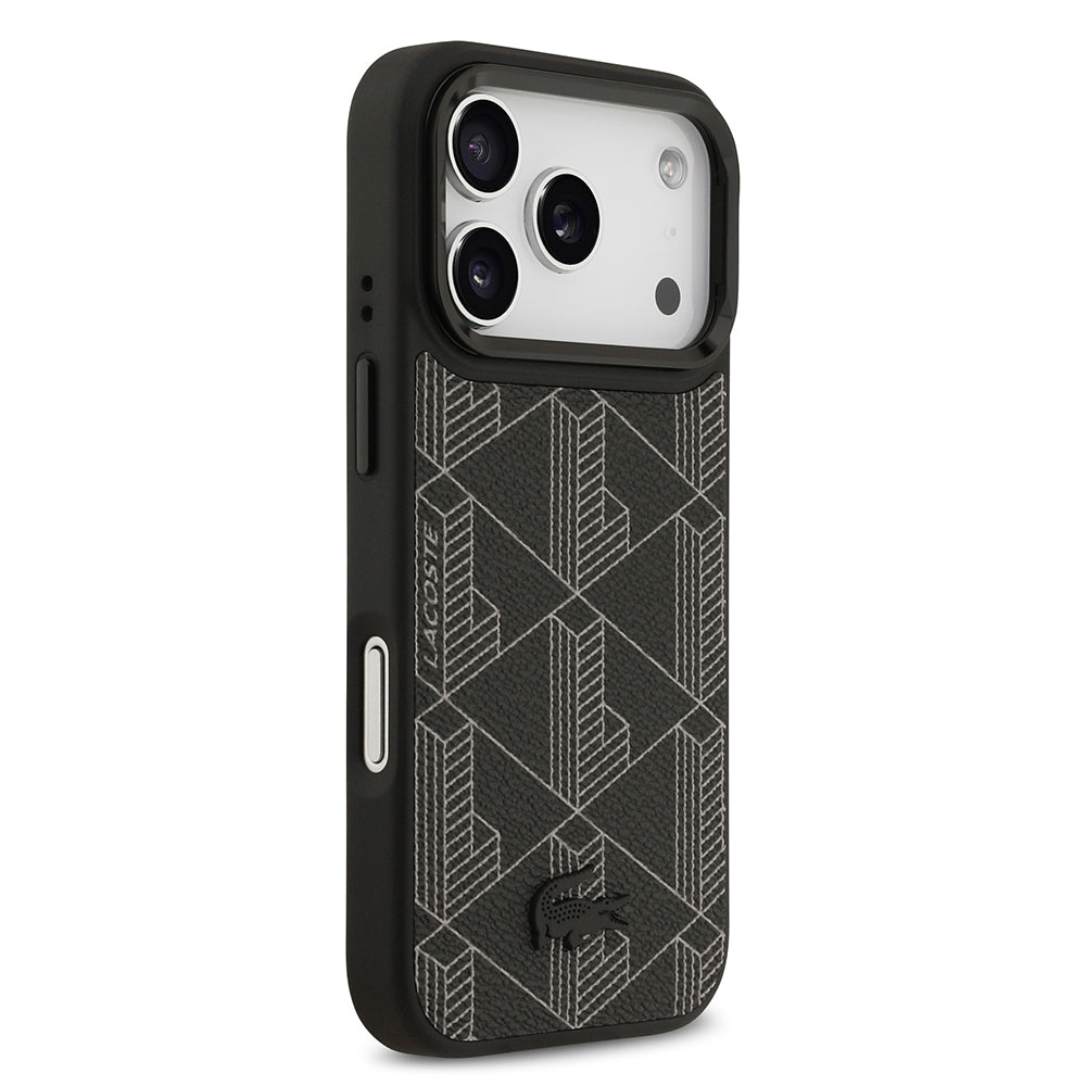 iPhone 17 Pro Kılıf Lacoste Orijinal Lisanslı M-safe Şarj Özellikli Standlı PU Deri Karışık Monogram Desenli Kılıf