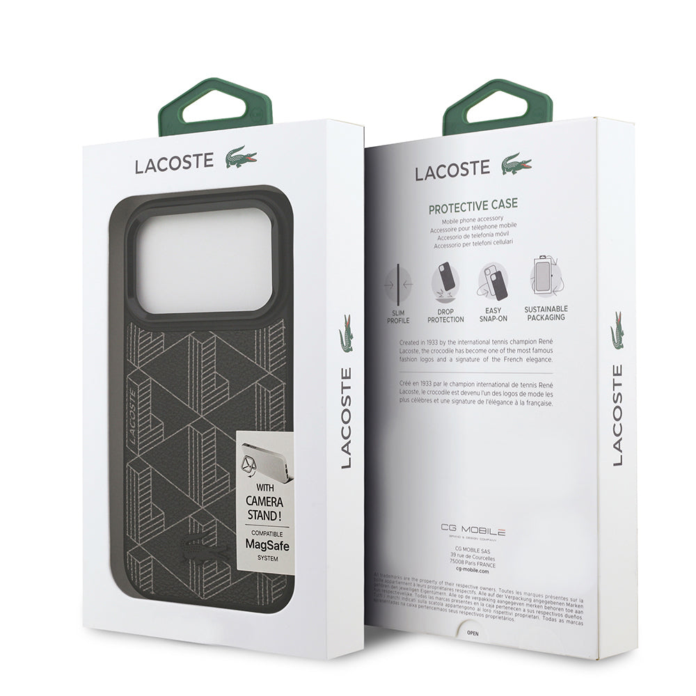 iPhone 17 Pro Kılıf Lacoste Orijinal Lisanslı M-safe Şarj Özellikli Standlı PU Deri Karışık Monogram Desenli Kılıf