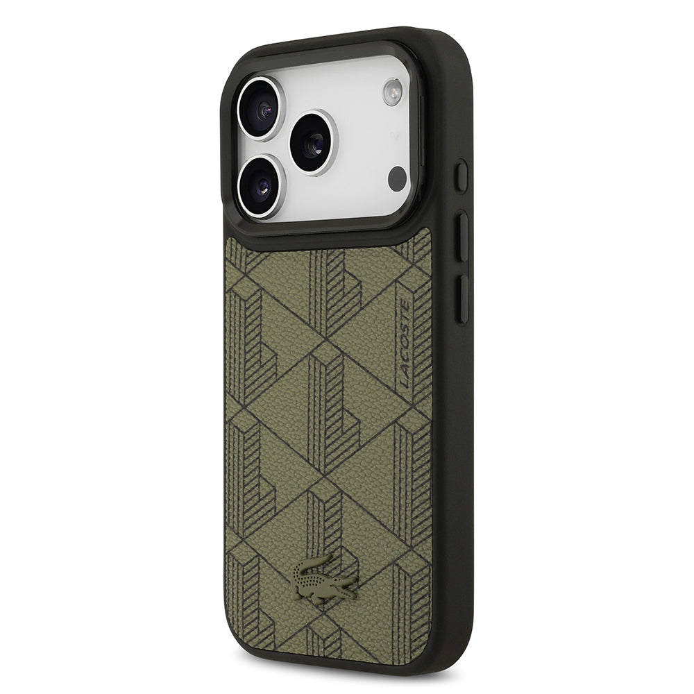 iPhone 17 Pro Kılıf Lacoste Orijinal Lisanslı M-safe Şarj Özellikli Standlı PU Deri Karışık Monogram Desenli Kılıf