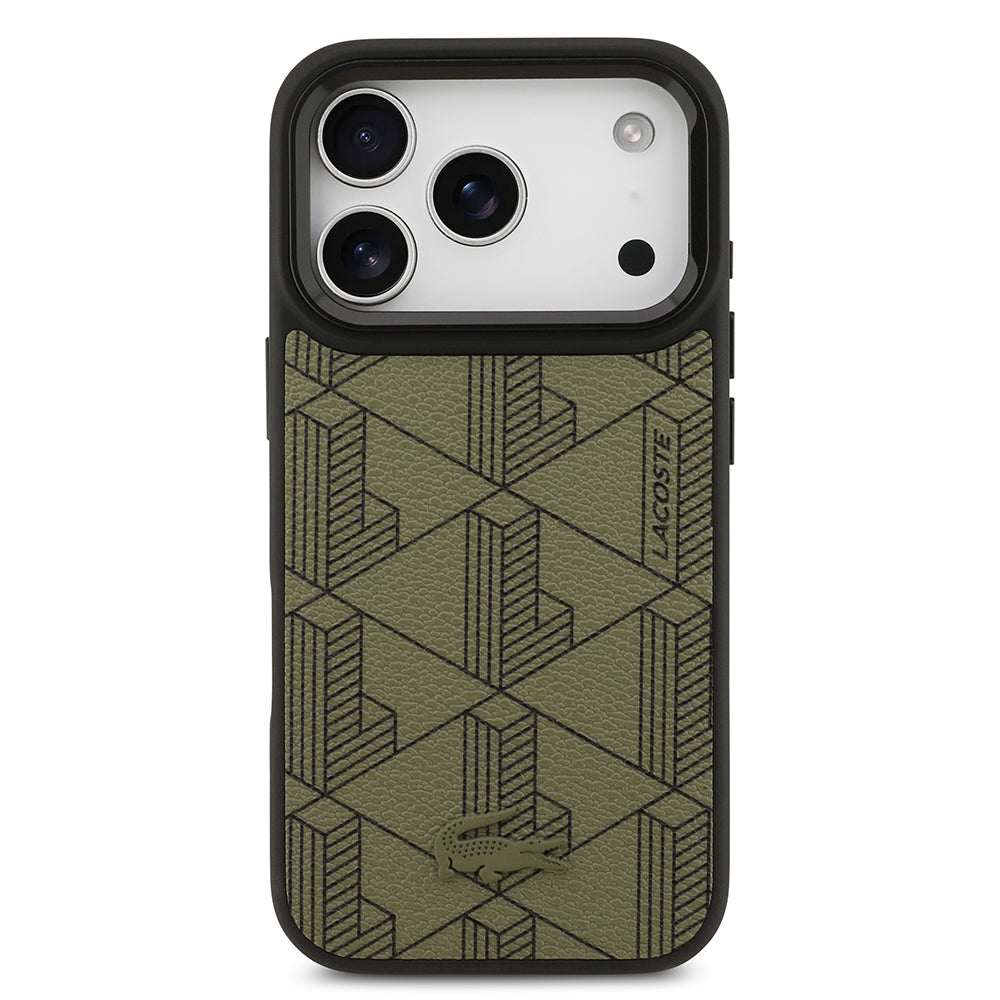 iPhone 17 Pro Kılıf Lacoste Orijinal Lisanslı M-safe Şarj Özellikli Standlı PU Deri Karışık Monogram Desenli Kılıf