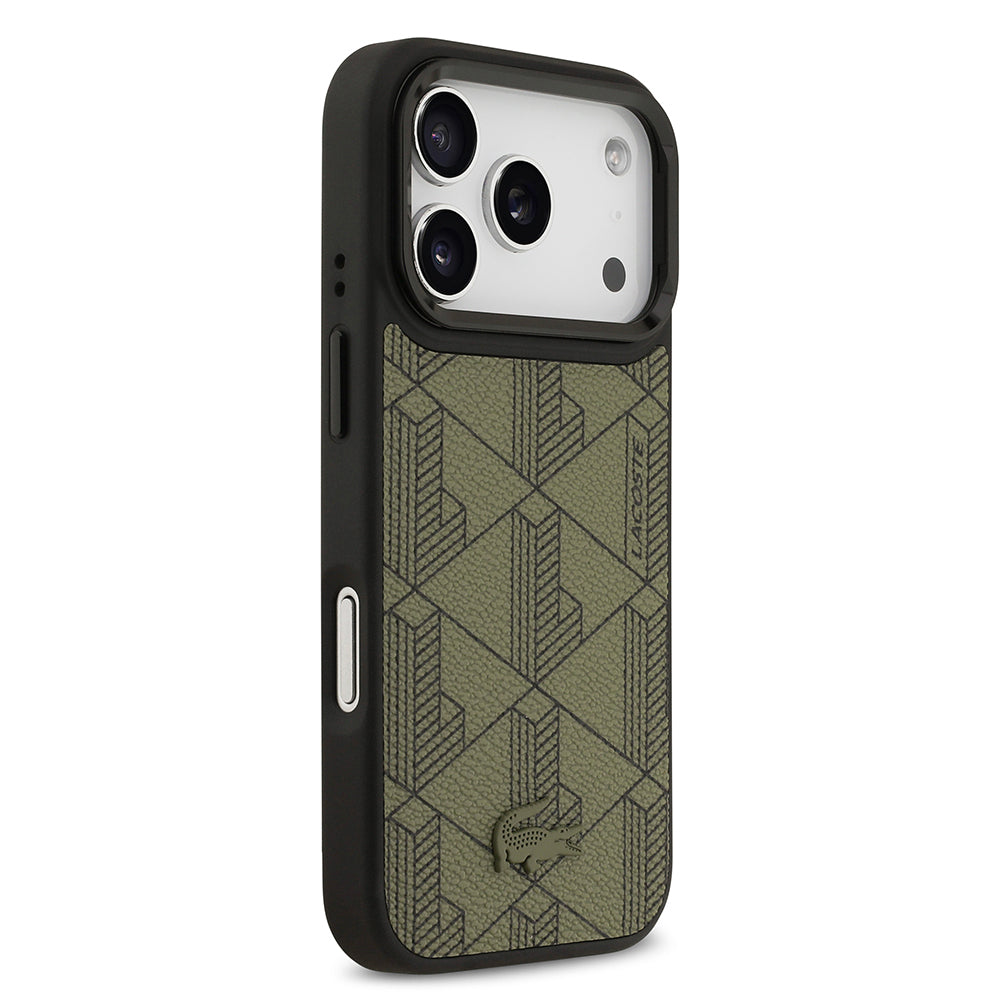 iPhone 17 Pro Kılıf Lacoste Orijinal Lisanslı M-safe Şarj Özellikli Standlı PU Deri Karışık Monogram Desenli Kılıf
