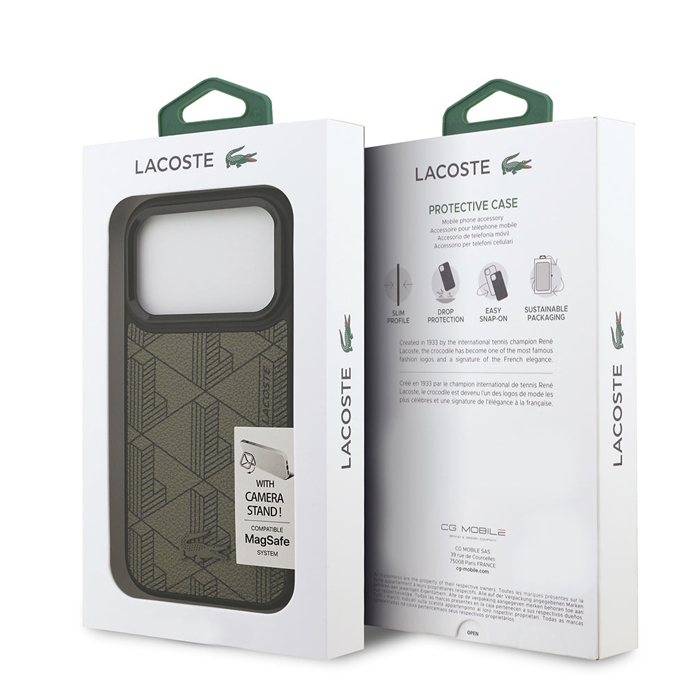 iPhone 17 Pro Kılıf Lacoste Orijinal Lisanslı M-safe Şarj Özellikli Standlı PU Deri Karışık Monogram Desenli Kılıf
