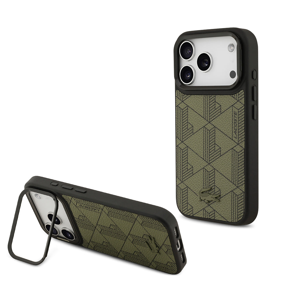 iPhone 17 Pro Kılıf Lacoste Orijinal Lisanslı M-safe Şarj Özellikli Standlı PU Deri Karışık Monogram Desenli Kılıf