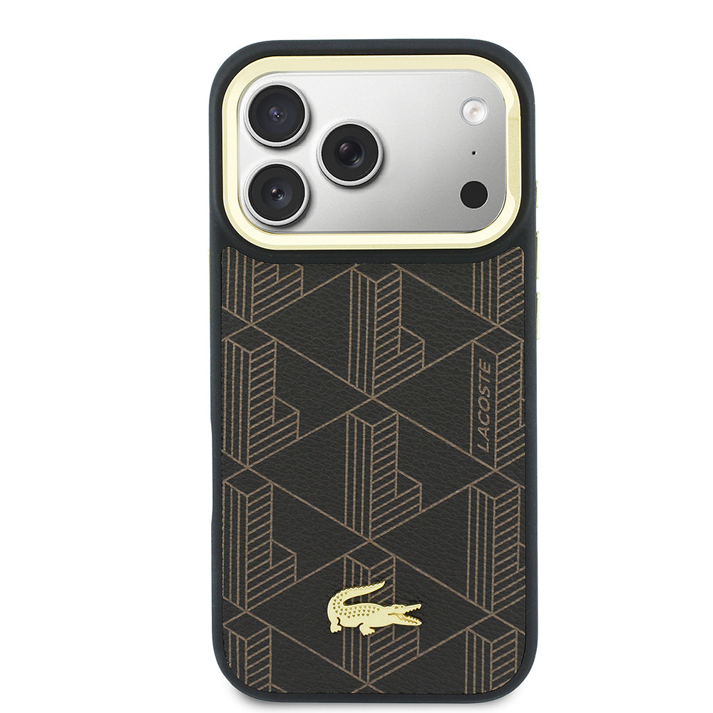 iPhone 17 Pro Kılıf Lacoste Orijinal Lisanslı M-safe Şarj Özellikli Standlı PU Deri Karışık Monogram Desenli Kılıf