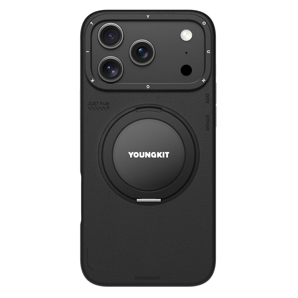 iPhone 17 Pro Kılıf M-safe Şarj Özellikli 360 Derece Standlı Basit Mat Deri Desenli Youngkit Tech Leather Serisi Kılıf