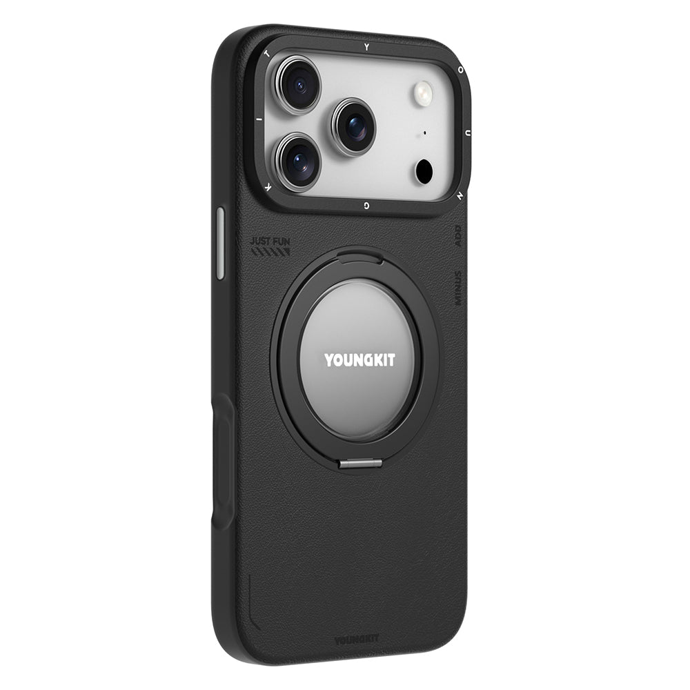 iPhone 17 Pro Kılıf M-safe Şarj Özellikli 360 Derece Standlı Basit Mat Deri Desenli Youngkit Tech Leather Serisi Kılıf
