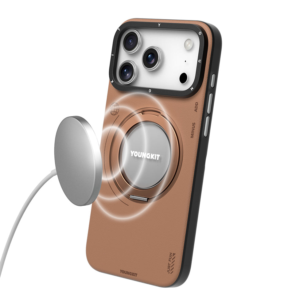 iPhone 17 Pro Kılıf M-safe Şarj Özellikli 360 Derece Standlı Basit Mat Deri Desenli Youngkit Tech Leather Serisi Kılıf