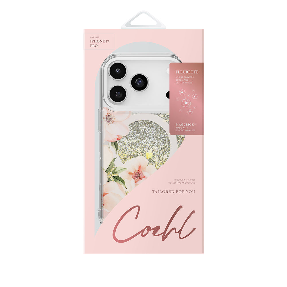 iPhone 17 Pro Kılıf M-safe Şarj Özellikli Çiçek Desenli Simli Arka Yüzey Coehl Fleurette Kılıf