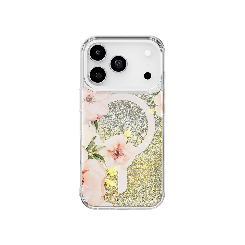 iPhone 17 Pro Kılıf M-safe Şarj Özellikli Çiçek Desenli Simli Arka Yüzey Coehl Fleurette Kılıf
