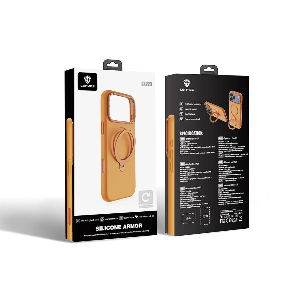 iPhone 17 Pro Kılıf M-safe Şarj Özellikli Metal Standlı Sıvı Silikon Lenyes CK223 Kılıf