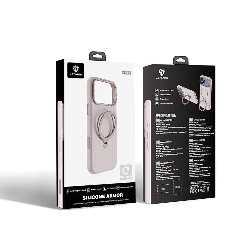 iPhone 17 Pro Kılıf M-safe Şarj Özellikli Metal Standlı Sıvı Silikon Lenyes CK223 Kılıf