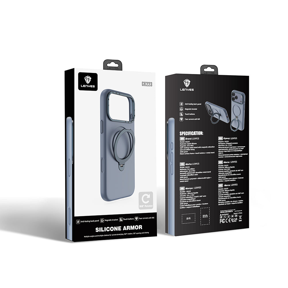 iPhone 17 Pro Kılıf M-safe Şarj Özellikli Metal Standlı Sıvı Silikon Lenyes CK223 Kılıf