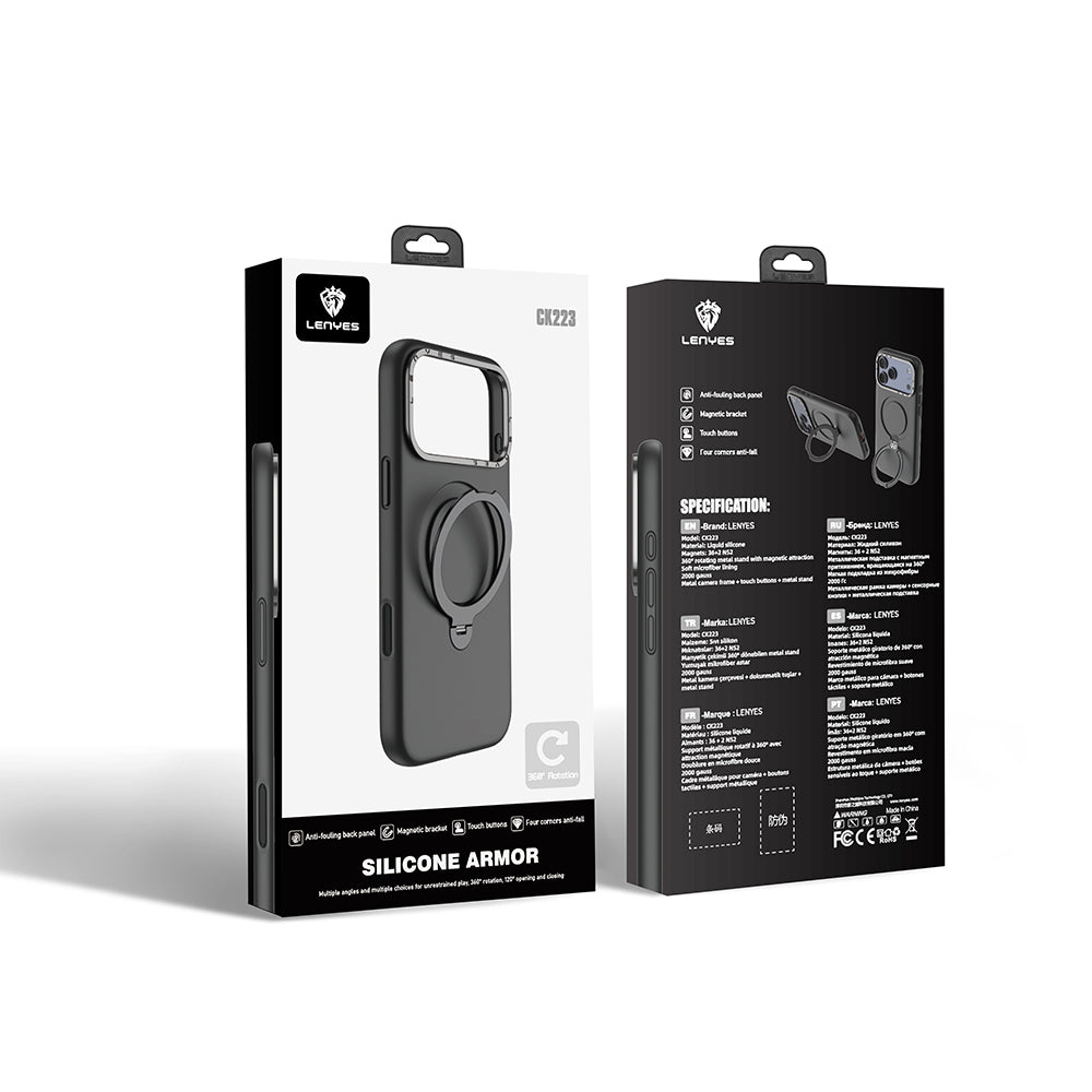 iPhone 17 Pro Kılıf M-safe Şarj Özellikli Metal Standlı Sıvı Silikon Lenyes CK223 Kılıf