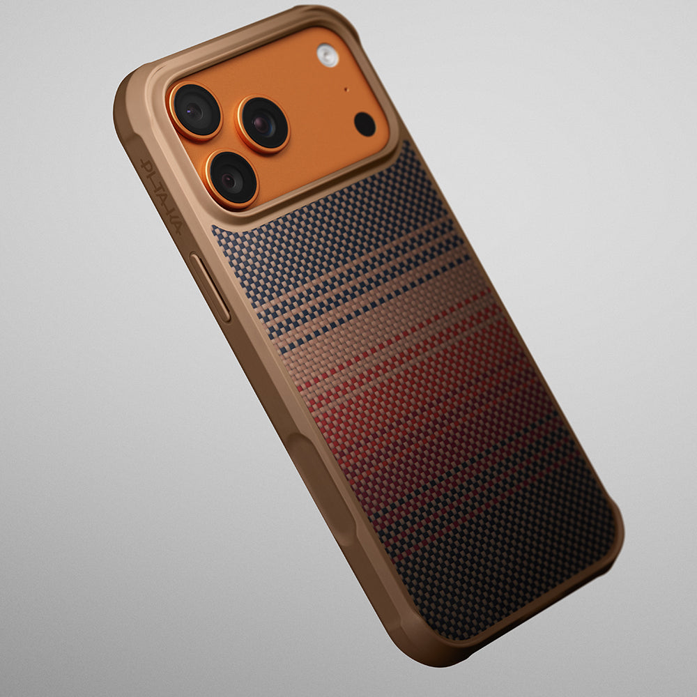 iPhone 17 Pro Kılıf M-safe Şarj Özellikli Pitaka Tactile Woven Sunset-Moonrise Aramid Pro Guard Serisi Karbon Kılıf