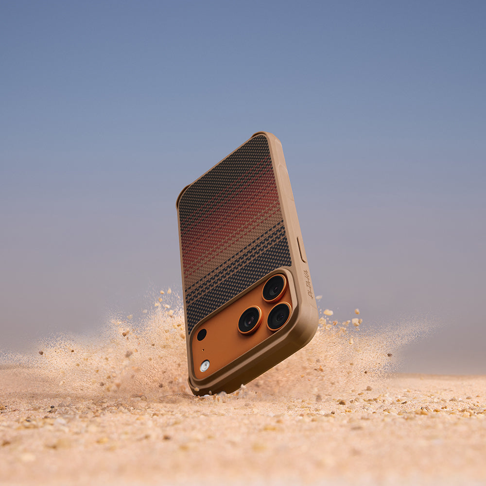 iPhone 17 Pro Kılıf M-safe Şarj Özellikli Pitaka Tactile Woven Sunset-Moonrise Aramid Pro Guard Serisi Karbon Kılıf
