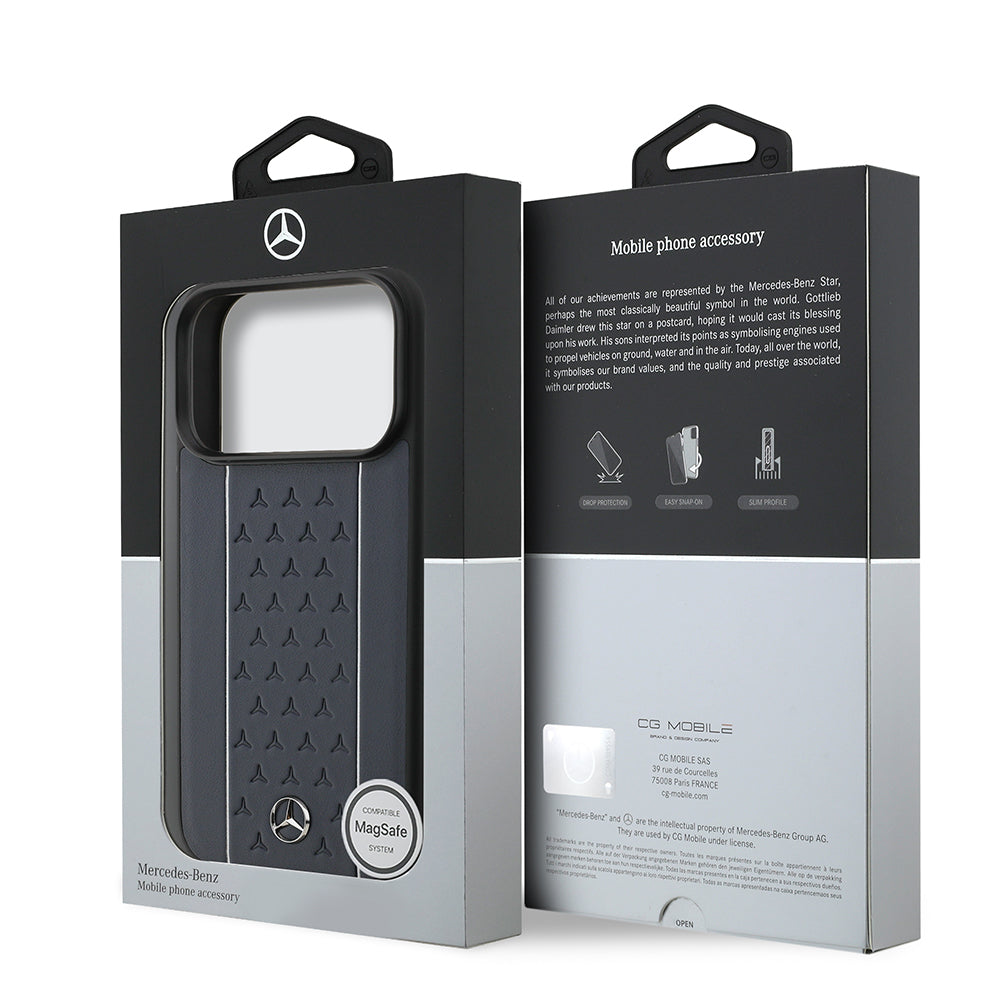 iPhone 17 Pro Kılıf Mercedes Benz Orijinal Lisanslı M-safe Şarj Özellikli Şeritli Yıldız Desenli Metal Logolu Deri Kılıf