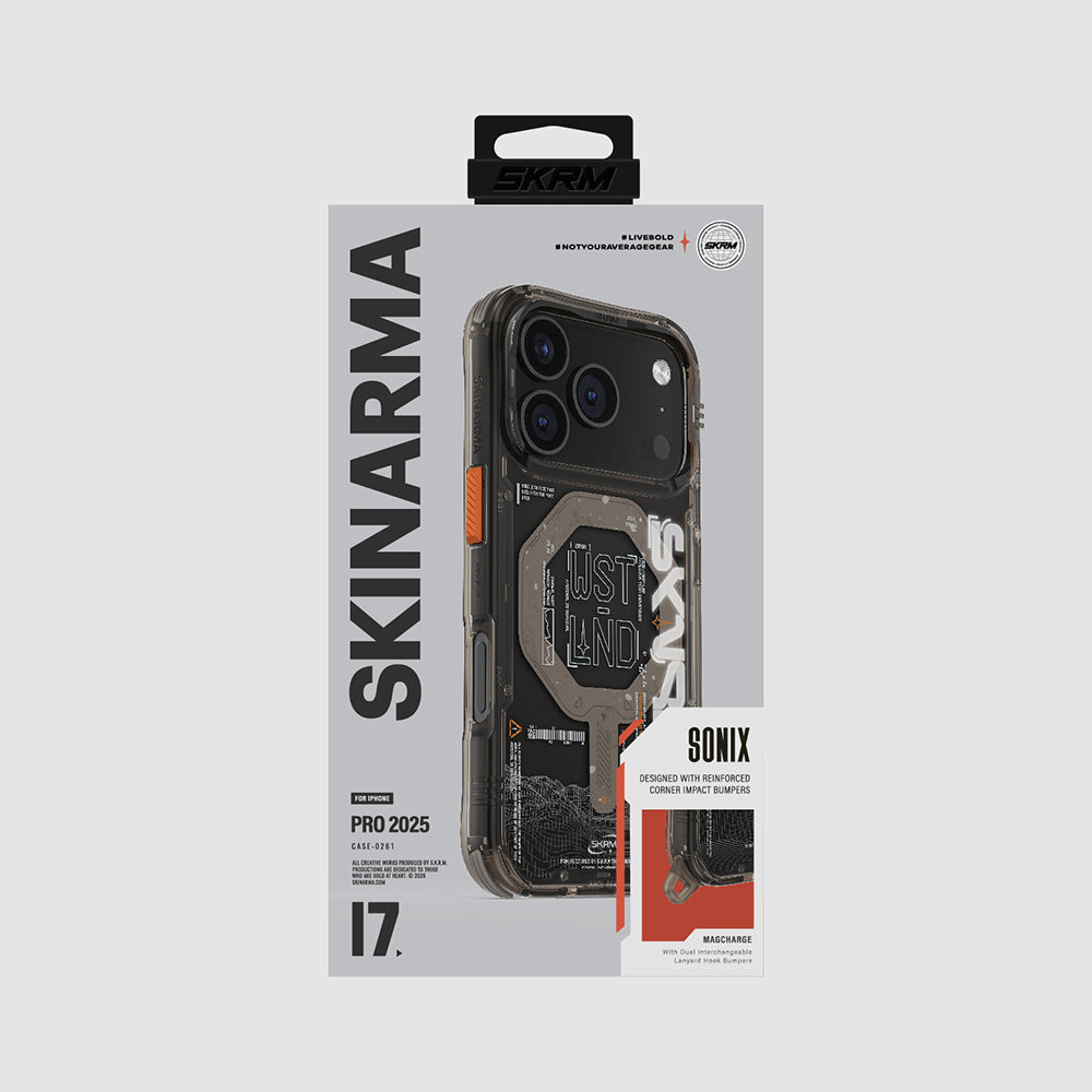 iPhone 17 Pro Kılıf Skinarma M-safe Şarj Özellikli Yazı Desenli Airbag Tasarımlı Sonix Kılıf