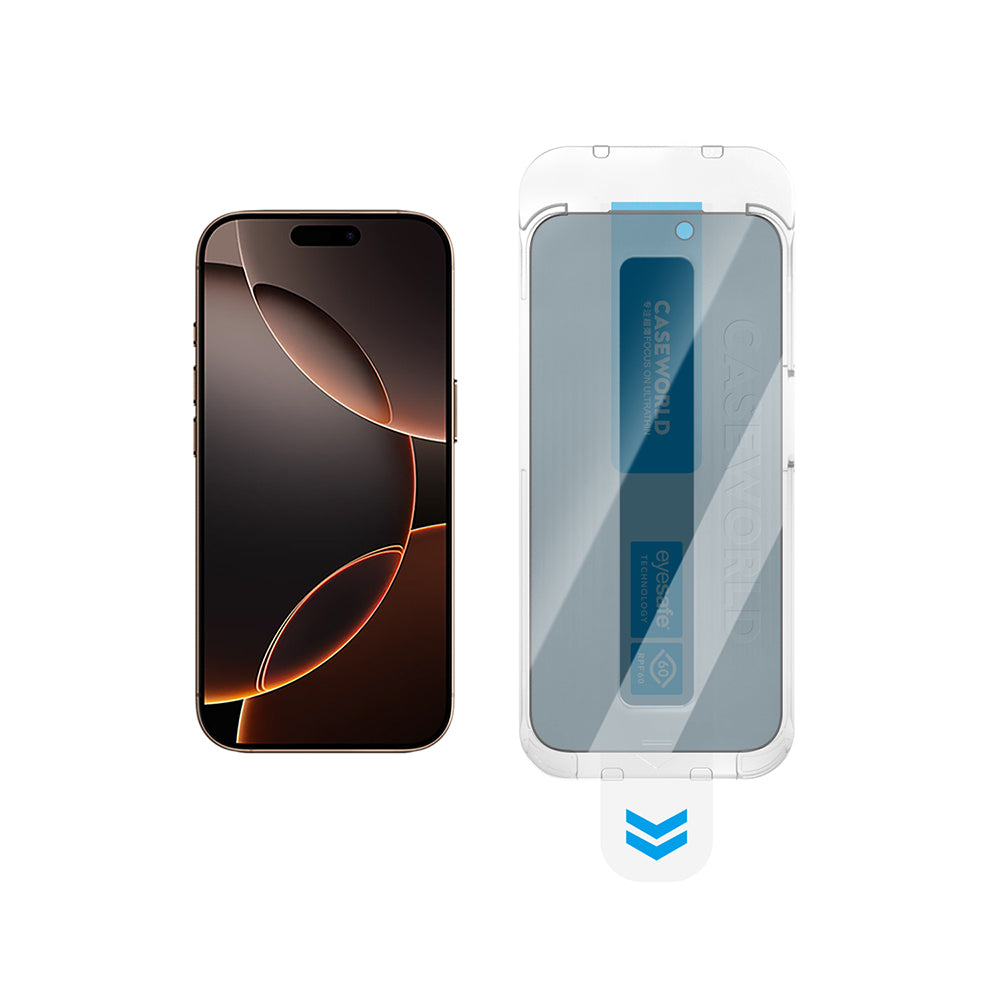 iPhone 17 Pro Max CaseWorld Applicator Serisi 2.5D Eyesafe Mavi Işık Teknolojili 0.33mm Privacy Temperli Cam Ekran Koruyucu + Uygulama Aparatı