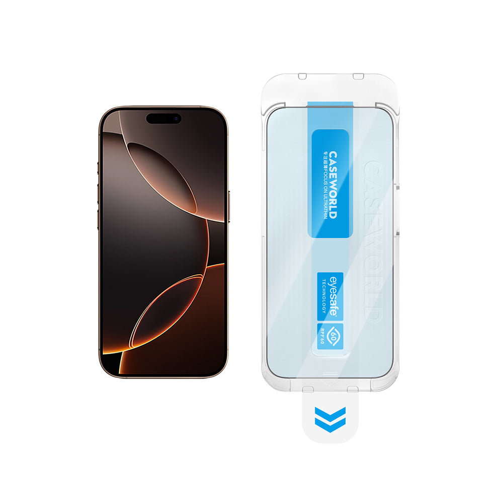 iPhone 17 Pro Max CaseWorld Applicator Serisi 2.5D Eyesafe Mavi Işık Teknolojili 0.33mm Temperli Cam Ekran Koruyucu + Uygulama Aparatı