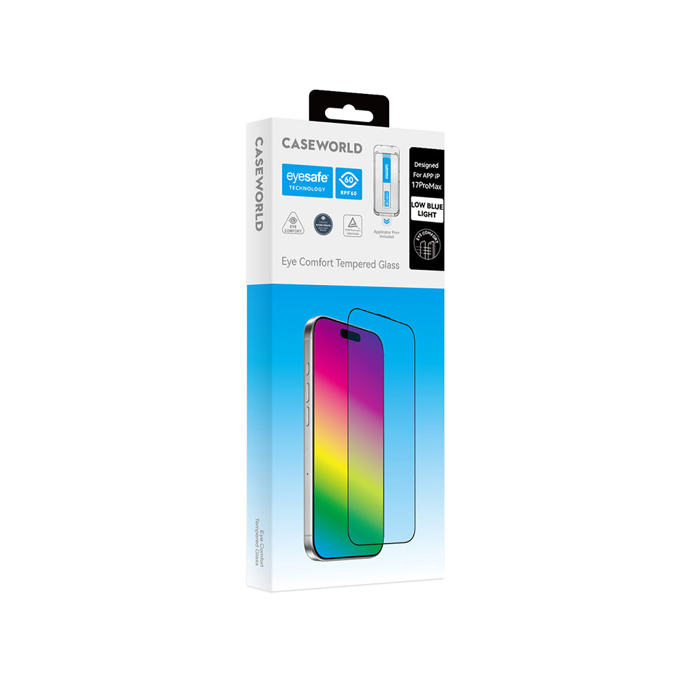 iPhone 17 Pro Max CaseWorld Applicator Serisi 2.5D Eyesafe Mavi Işık Teknolojili 0.33mm Temperli Cam Ekran Koruyucu + Uygulama Aparatı