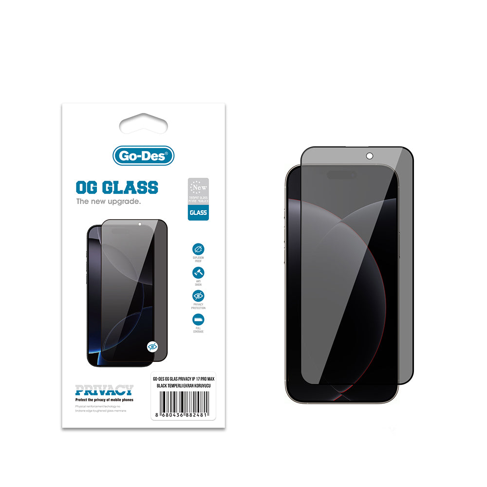 iPhone 17 Pro Max Go Des OG Glass Privacy Antistatik Temperli Cam Ekran Koruyucu