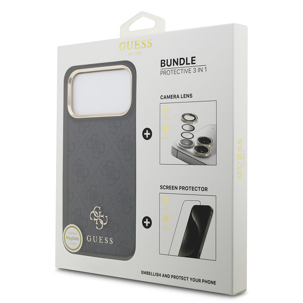 iPhone 17 Pro Max Guess Orijinal Lisanslı 4G ve Yazı Logolu Kılıf + Ekran Koruyucu + Lens Koruyucu 3in1 Aksesuar Seti