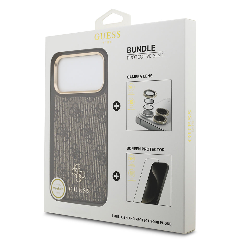 iPhone 17 Pro Max Guess Orijinal Lisanslı 4G ve Yazı Logolu Kılıf + Ekran Koruyucu + Lens Koruyucu 3in1 Aksesuar Seti