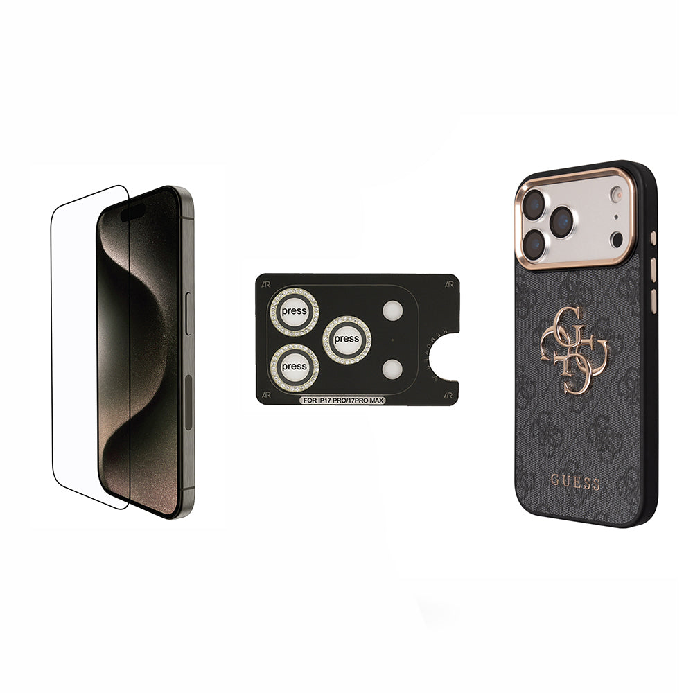 iPhone 17 Pro Max Guess Orijinal Lisanslı Büyük 4G ve Yazı Logolu Kılıf + Ekran Koruyucu + Lens Koruyucu 3in1 Aksesuar Seti