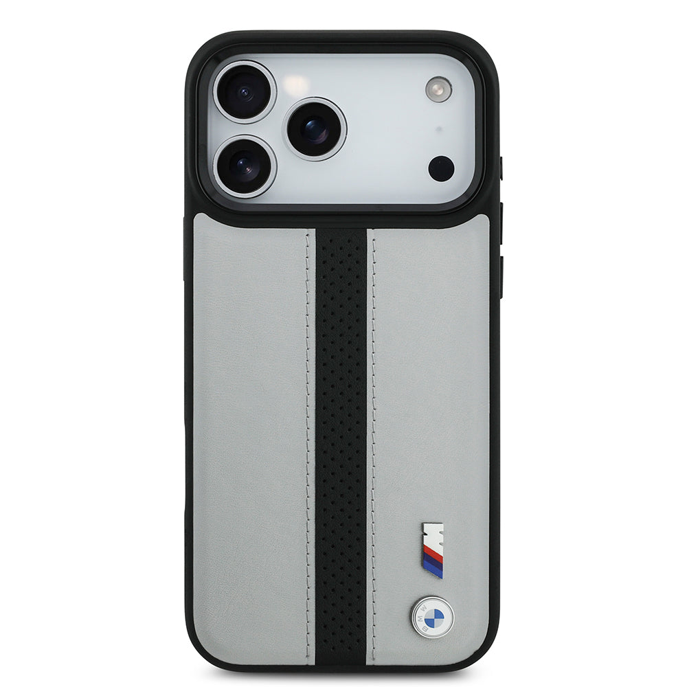 iPhone 17 Pro Max Kılıf BMW Orijinal Lisanslı M-safe Şarj Özellikli Deri Arka Yüzey Metal Logolu Delikli Şerit Tasarımlı Kılıf