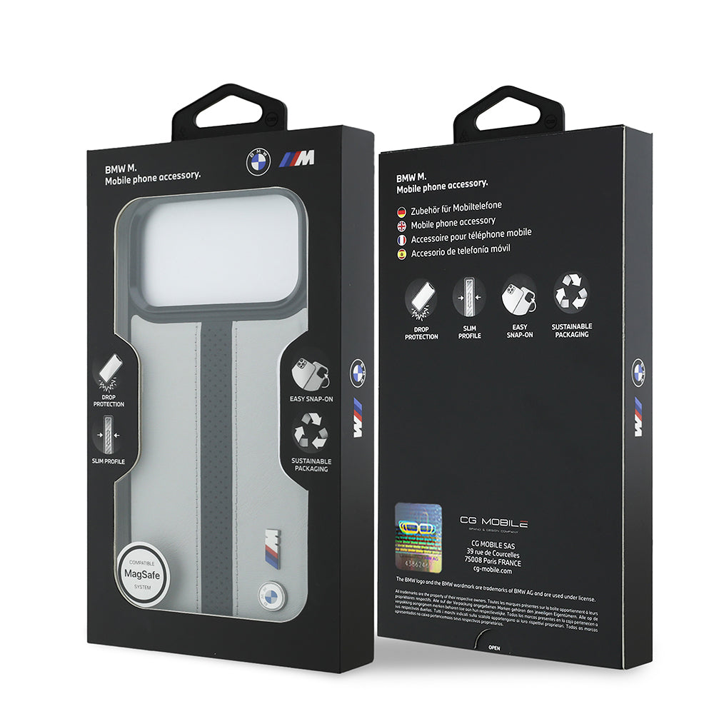 iPhone 17 Pro Max Kılıf BMW Orijinal Lisanslı M-safe Şarj Özellikli Deri Arka Yüzey Metal Logolu Delikli Şerit Tasarımlı Kılıf