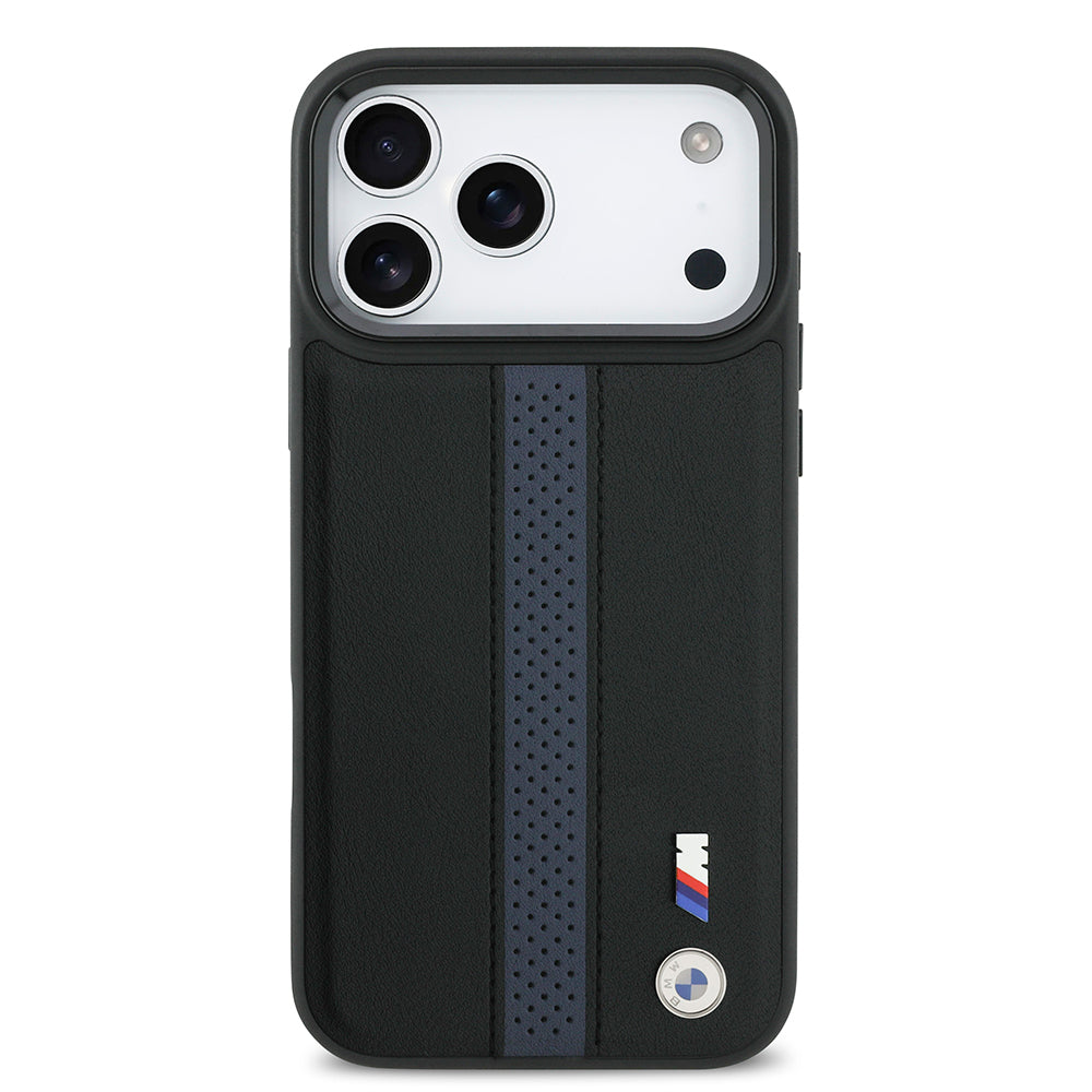 iPhone 17 Pro Max Kılıf BMW Orijinal Lisanslı M-safe Şarj Özellikli Deri Arka Yüzey Metal Logolu Delikli Şerit Tasarımlı Kılıf