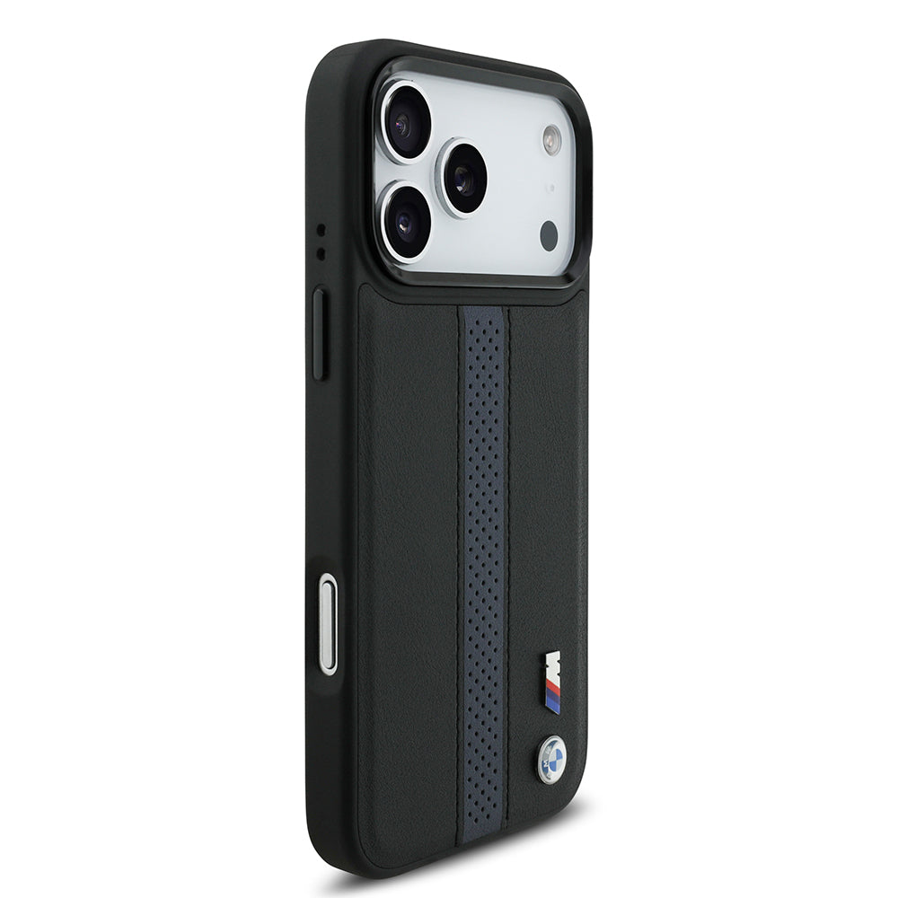 iPhone 17 Pro Max Kılıf BMW Orijinal Lisanslı M-safe Şarj Özellikli Deri Arka Yüzey Metal Logolu Delikli Şerit Tasarımlı Kılıf