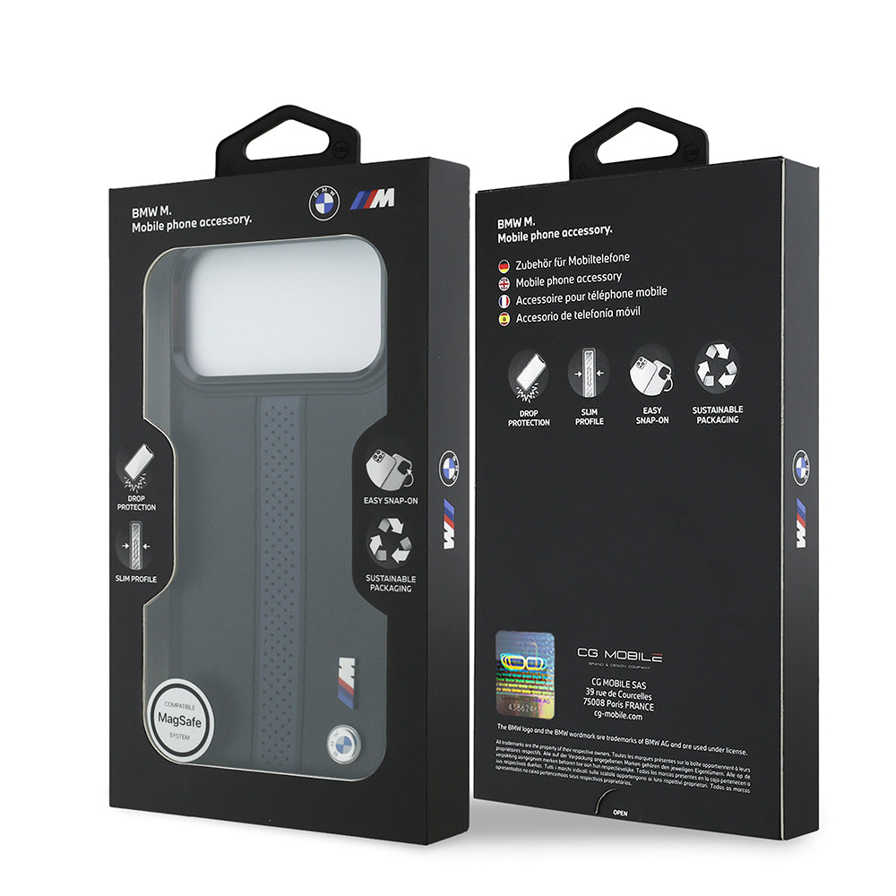 iPhone 17 Pro Max Kılıf BMW Orijinal Lisanslı M-safe Şarj Özellikli Deri Arka Yüzey Metal Logolu Delikli Şerit Tasarımlı Kılıf
