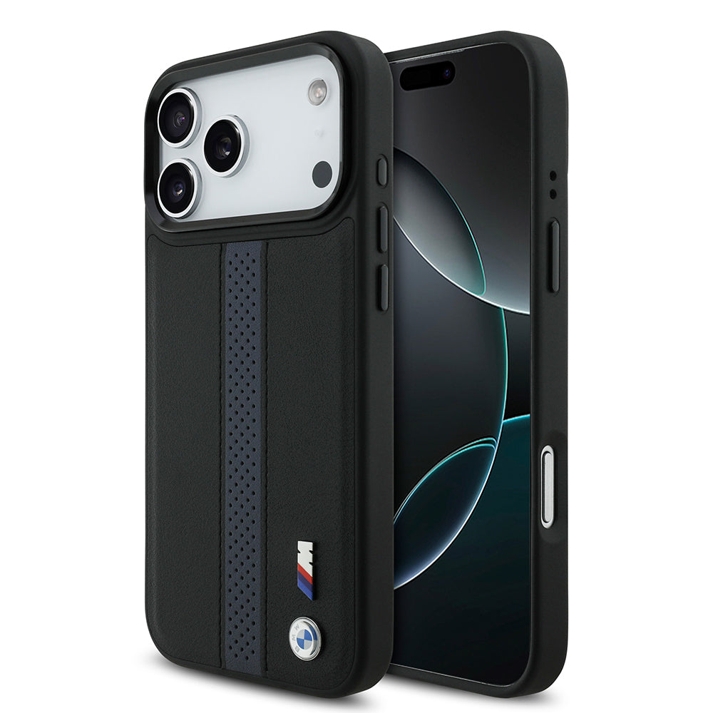 iPhone 17 Pro Max Kılıf BMW Orijinal Lisanslı M-safe Şarj Özellikli Deri Arka Yüzey Metal Logolu Delikli Şerit Tasarımlı Kılıf