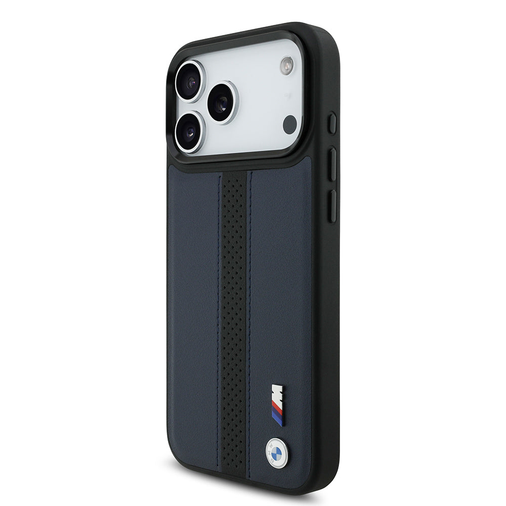 iPhone 17 Pro Max Kılıf BMW Orijinal Lisanslı M-safe Şarj Özellikli Deri Arka Yüzey Metal Logolu Delikli Şerit Tasarımlı Kılıf
