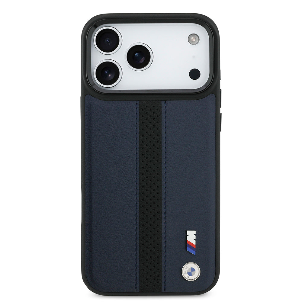 iPhone 17 Pro Max Kılıf BMW Orijinal Lisanslı M-safe Şarj Özellikli Deri Arka Yüzey Metal Logolu Delikli Şerit Tasarımlı Kılıf