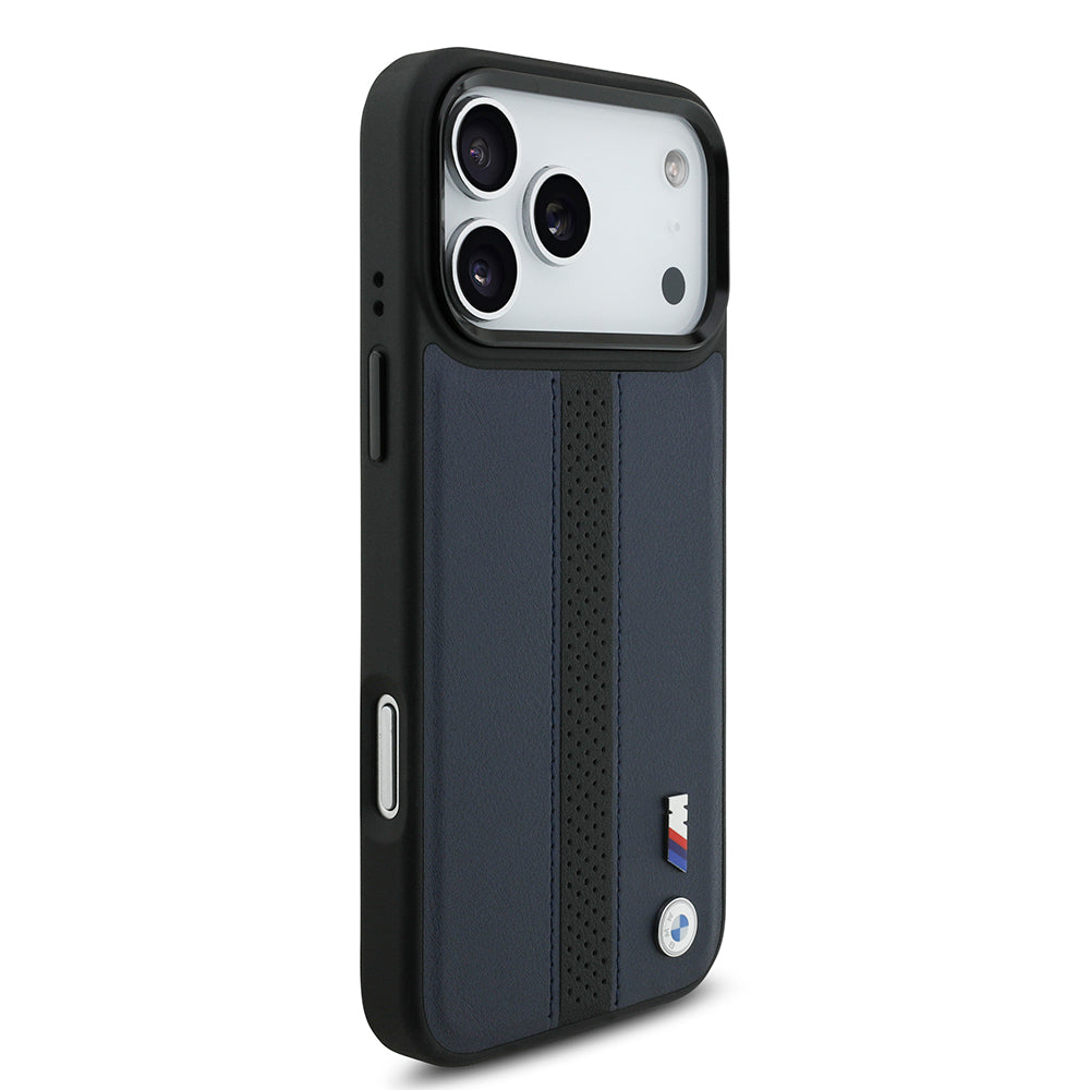 iPhone 17 Pro Max Kılıf BMW Orijinal Lisanslı M-safe Şarj Özellikli Deri Arka Yüzey Metal Logolu Delikli Şerit Tasarımlı Kılıf