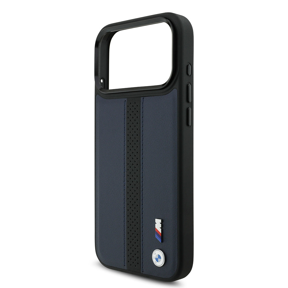 iPhone 17 Pro Max Kılıf BMW Orijinal Lisanslı M-safe Şarj Özellikli Deri Arka Yüzey Metal Logolu Delikli Şerit Tasarımlı Kılıf