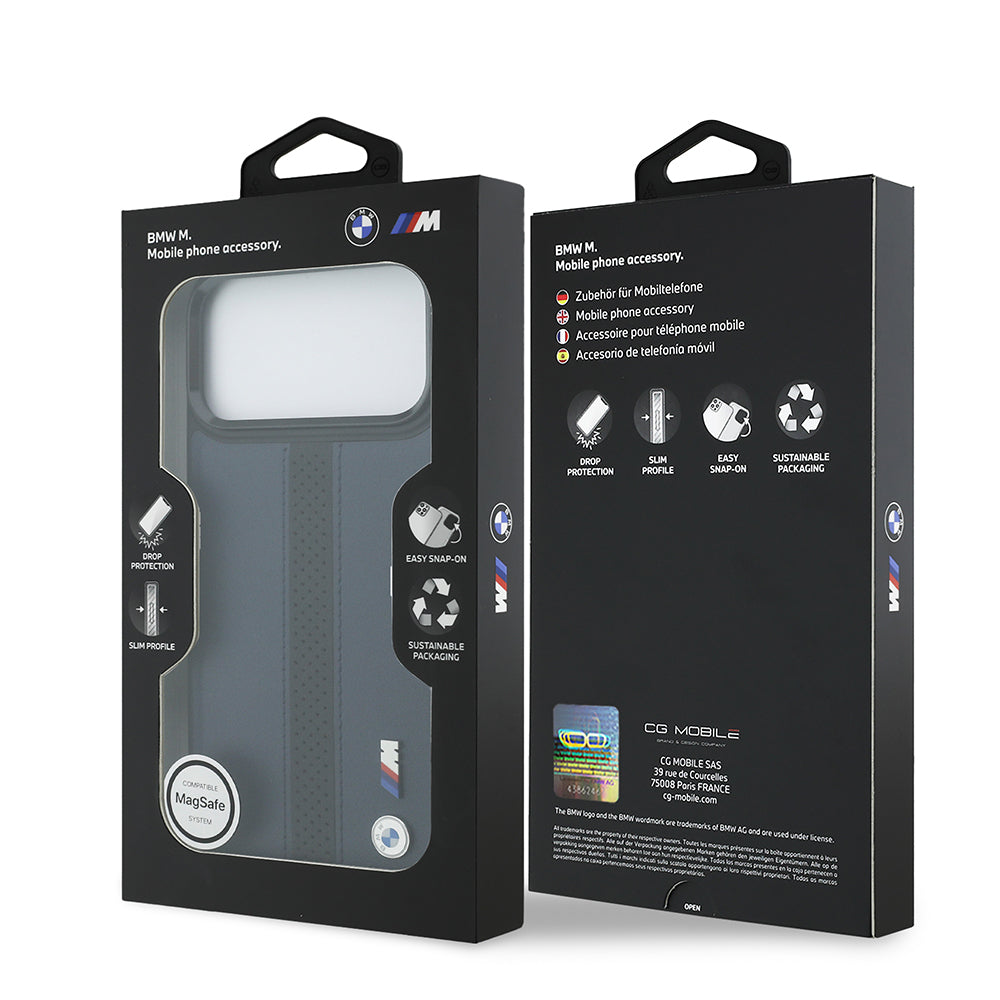iPhone 17 Pro Max Kılıf BMW Orijinal Lisanslı M-safe Şarj Özellikli Deri Arka Yüzey Metal Logolu Delikli Şerit Tasarımlı Kılıf