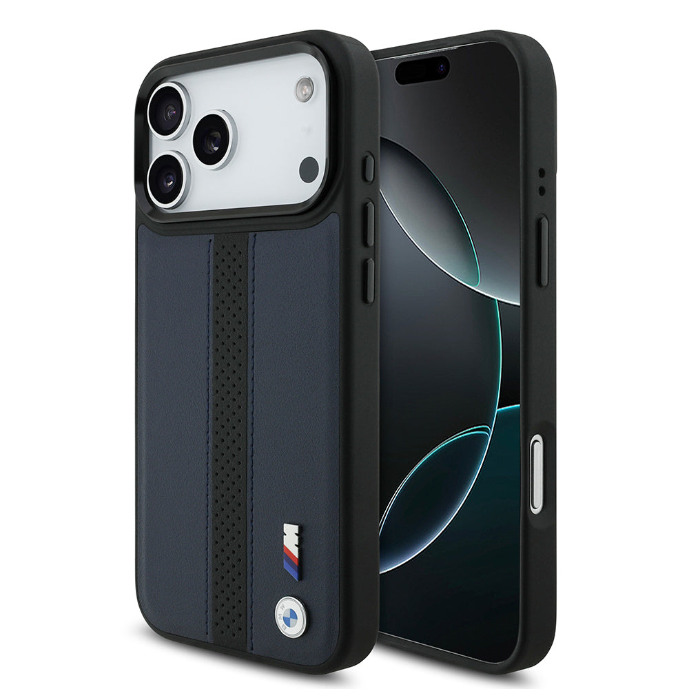iPhone 17 Pro Max Kılıf BMW Orijinal Lisanslı M-safe Şarj Özellikli Deri Arka Yüzey Metal Logolu Delikli Şerit Tasarımlı Kılıf